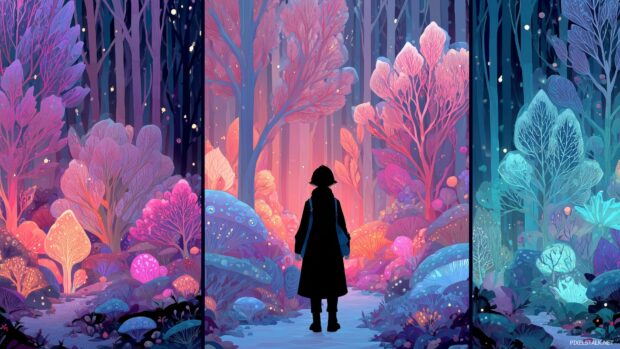 Pastel goth desktop backgrounds, Enchanted forest bathed in pastel hues with surreal creatures and ghostly lights.