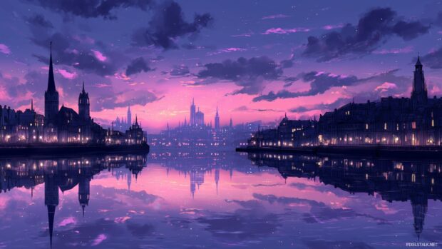 Pastel goth desktop backgrounds, Twilight city skyline reflecting in still waters with pastel lights and gothic influence.