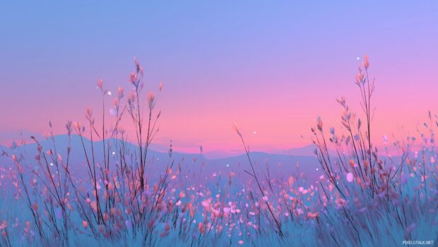 Pastel goth hd desktop wallpapers, Tranquil meadow under a pastel sunset with ethereal glowing plants and serene vibes.