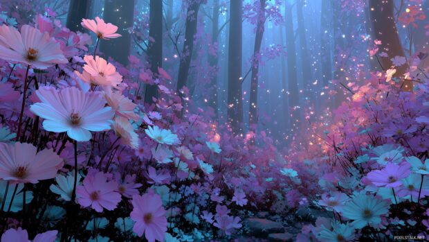 Pastel goth hd desktop wallpapers, Whimsical garden filled with pastel flowers, ghostly spirits, and ethereal mist.