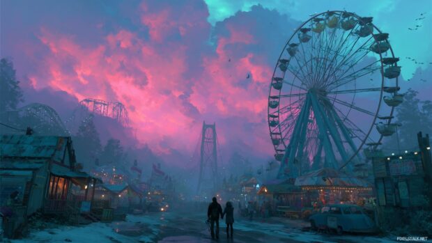 Pastel goth hd wallpapers, Haunted carnival scene adorned with pastel colors and eerie attractions.
