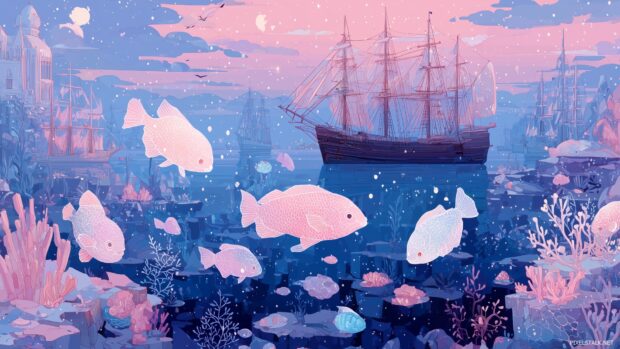Pastel goth wallpaper aesthetic, Ethereal underwater scene filled with pastel aquatic creatures and ghostly ships.