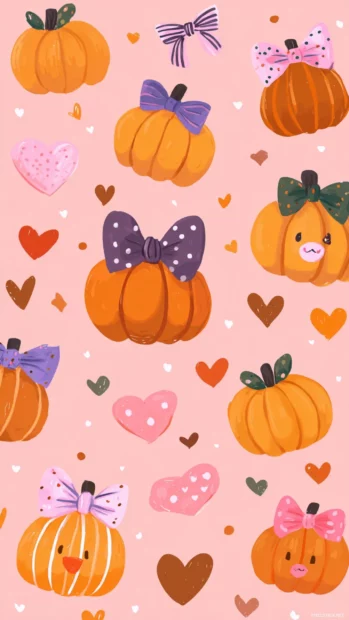 Pattern of mini cute pumpkins with bows, hearts, and whimsical accessories.