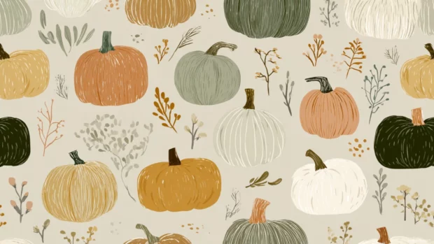 Pattern of pumpkins drawn in minimalist line style with delicate fall accents and muted shadows.