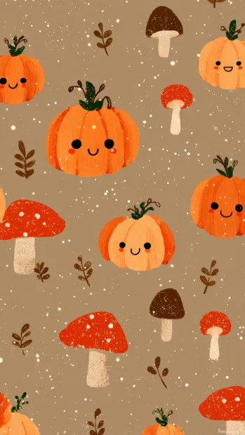 Pattern of smiling cute pumpkins and tiny mushrooms with glittery sparkles.