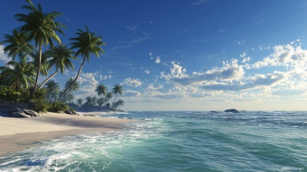 Peaceful beach with gentle waves and palm trees swaying, 3D desktop backgrounds.