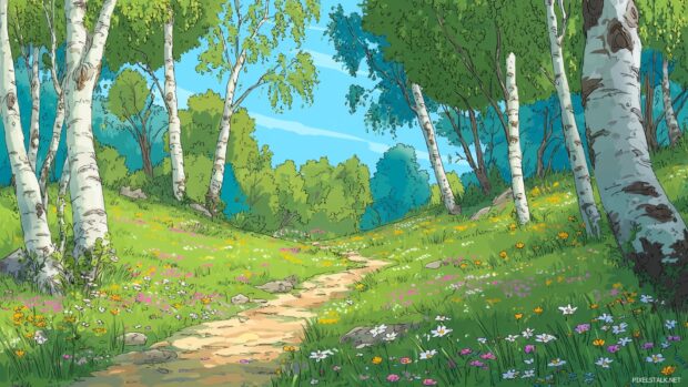Peaceful birch grove backgrounds with a winding trail and blooming flowers.