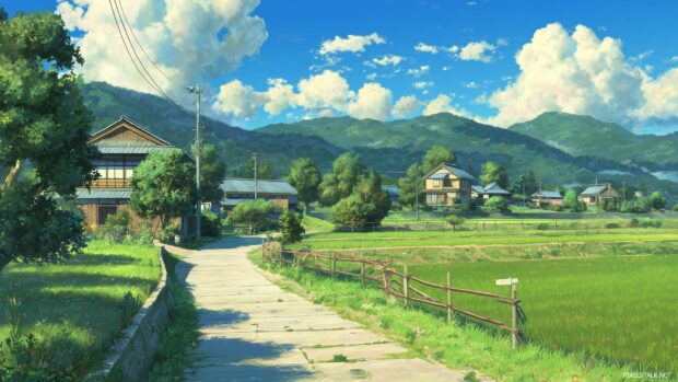 Peaceful rural scenes depicted in 1080p anime backgrounds.