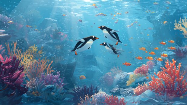 Penguin Backgrounds, A fun underwater scene with penguins swimming among colorful fish and coral.