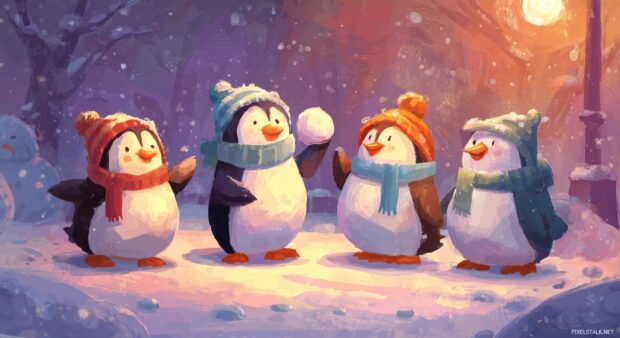 Penguin Backgrounds, A vibrant image of penguins dressed in winter gear having a snowball fight.
