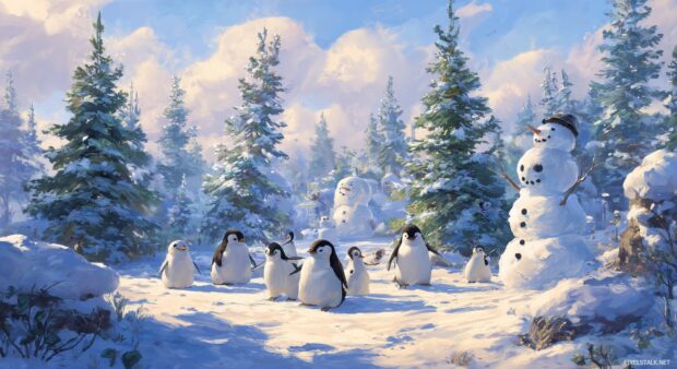 Penguin Desktop Backgrounds, A charming winter wonderland full of penguins building snowmen surrounded by pine trees.