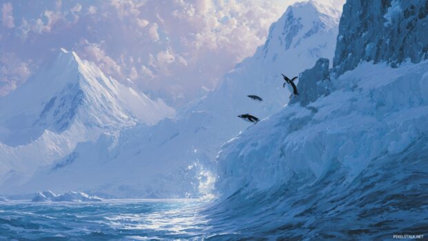 Penguin Desktop Backgrounds, An icy cliffside with playful penguins diving into the ocean, surrounded by snow capped mountains.