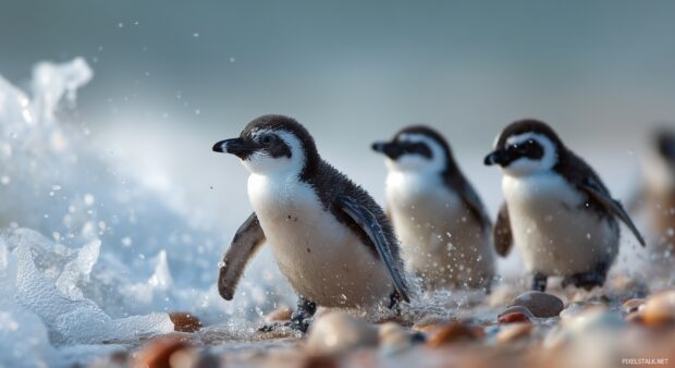 Penguin Wallpaper HD, Cute little penguins waddling on the shore with a backdrop of crashing waves and seashells.