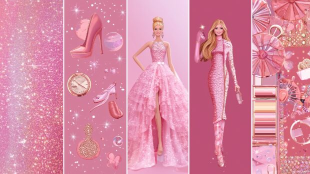 Pink Barbie backgrounds adorned with sparkles and fashion motifs.