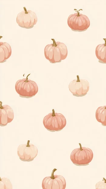 Pink pumpkin wallpaper featuring round kawaii pumpkins in soft peach and blush tones floating over a light cream background in repeating grid.