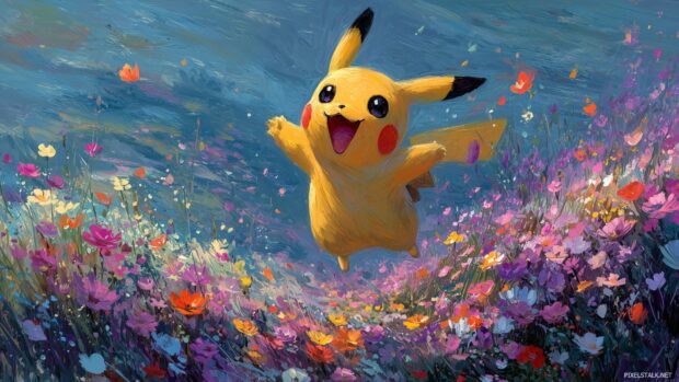 Playful Pikachu wallpapers featuring Pikachu bouncing in a field of flowers.