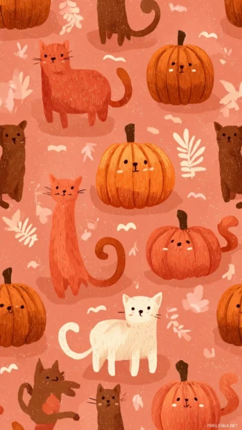 Playful cute pumpkin animals with tiny paws and tails in a magical tiled design.