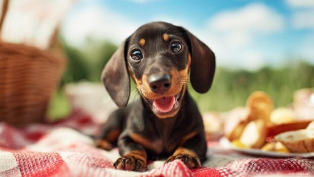 Playful puppy desktop depicting a mischievous dachshund on a picnic blanket.