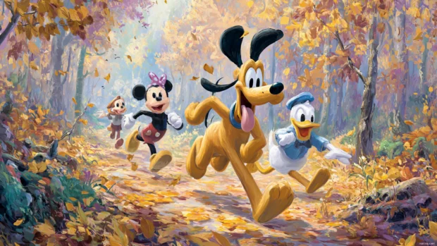 Pluto running happily along an autumn trail covered in crunchy leaves with Mickey and friends nearby.