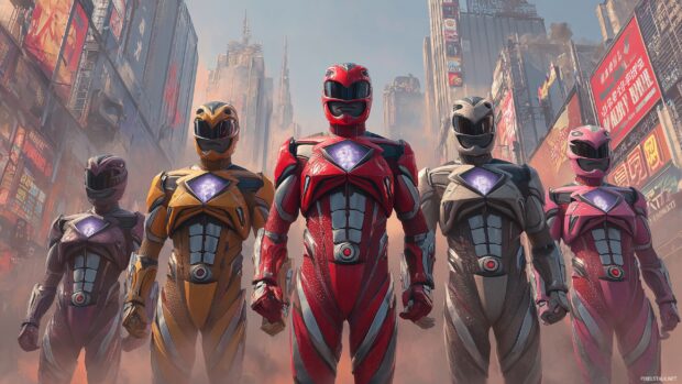 Power Rangers HD wallpapers highlighting the thrilling teamwork of the Rangers in a vibrant urban environment.