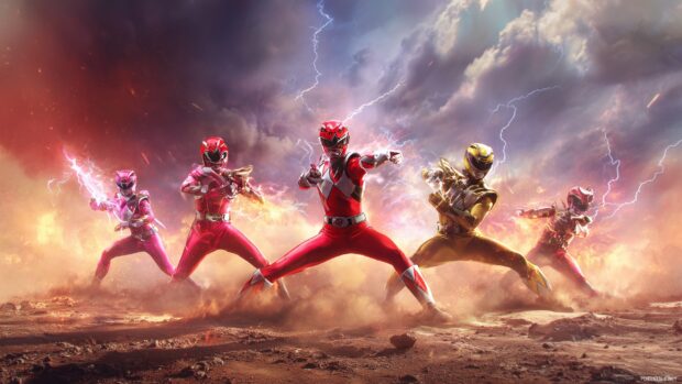 Power Rangers wallpapers featuring dynamic poses in an action packed scene.