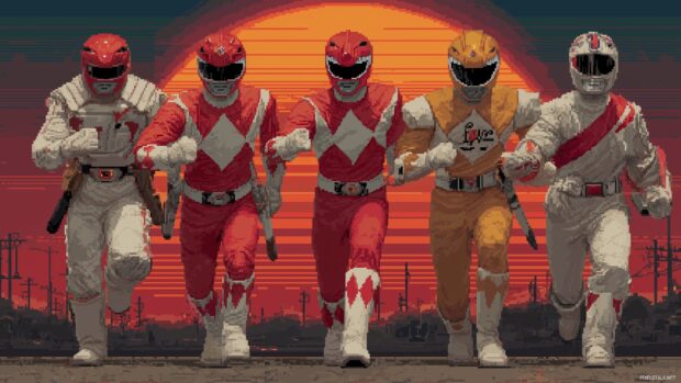 Power Rangers wallpapers inspired by a retro aesthetic with pixel art characters and backgrounds.