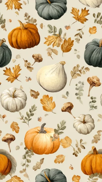 Pretty pumpkin wallpaper featuring watercolor style gourds and autumn leaves arranged in a seamless tile motif over creamy background.