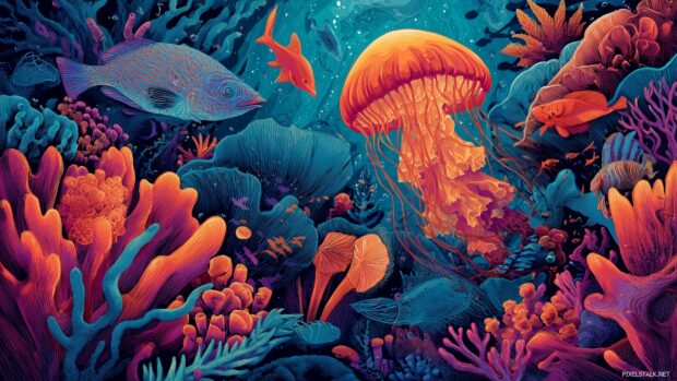 Psychedelic desktop backgrounds, A vibrant underwater scene teeming with surreal marine life and colors.