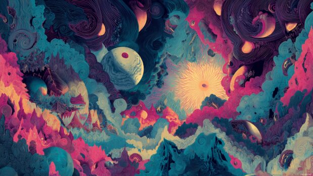 Psychedelic desktop backgrounds, An intricate tapestry of shapes and hues that evoke a dreamlike quality, merging fluidity and symmetry.