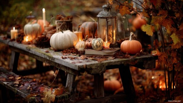 Pumpkin Wallpapers for Desktop, A cozy autumn setting featuring a rustic wooden table adorned with beautifully arranged pumpkins, candles, and fallen leaves.