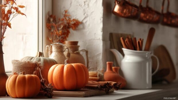 Pumpkin Wallpapers for Desktop, An inviting kitchen scene decorated with pumpkins, cinnamon sticks, and a warm autumn color palette, radiating a homey vibe.
