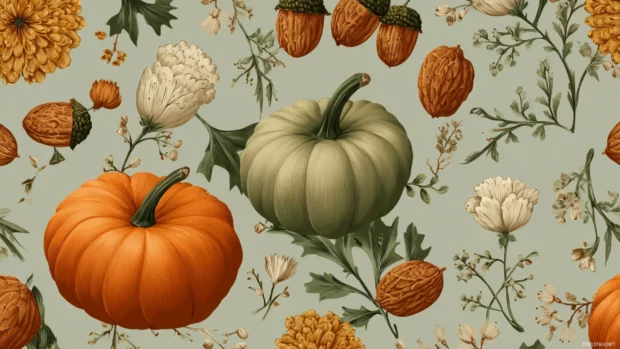 Pumpkin accents combined with woodland elements in a vintage style desktop pattern.