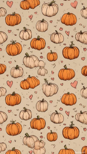 Pumpkin aesthetic wallpaper combining mini pumpkins, hearts, and doodles on muted beige canvas for cozy vibes.