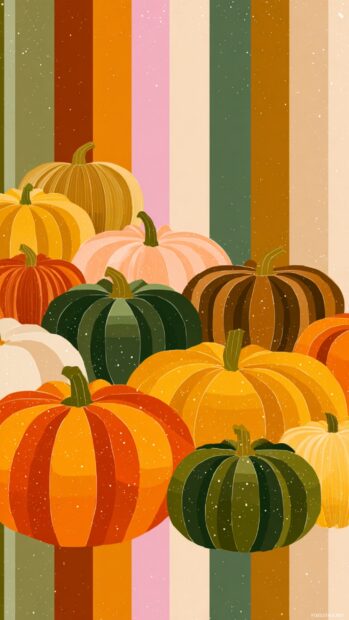 Pumpkin aesthetic wallpaper iphone in retro 70s palette with stylized pumpkins and geometric stripes pattern.