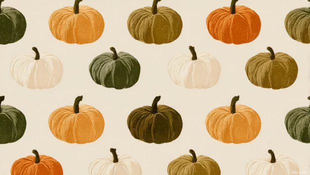 Pumpkin arrangement in a repeating pattern with vintage fall tones and minimalist style.