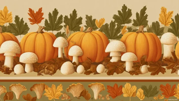 Pumpkin artwork bordered by fallen leaves and mushrooms in a repeating horizontal pattern.