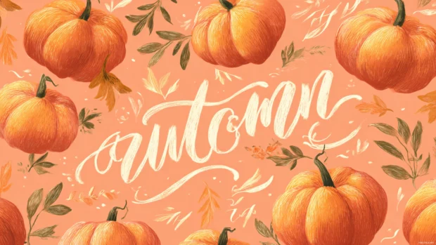 Pumpkin calligraphy desktop wallpaper with elegant script spelling out autumn phrases between hand drawn pumpkins.