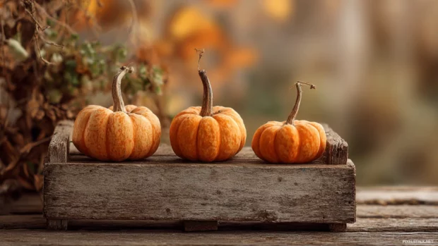 Pumpkin desktop wallpaper HD framing three pumpkins balanced on weathered wooden crate with soft autumn backdrop.
