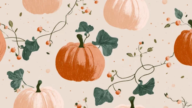 Pumpkin desktop wallpaper built from repeating flat vector pumpkins, delicate vines, and soft fall palettes for calm workspace aesthetics.