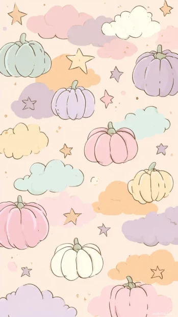Pumpkin friends with rosy cheeks and playful poses arranged in a light and airy pattern.
