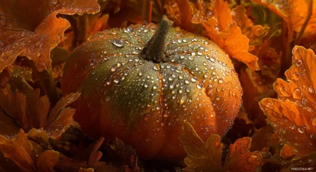Pumpkin hd background illustrating realistic dew covered gourd nestled among crisp orange leaves.