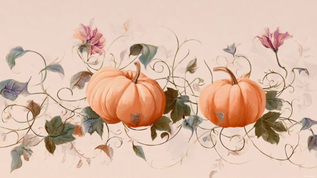 Pumpkin illustrations with a hint of watercolor and floral vines forming an aesthetic pattern.