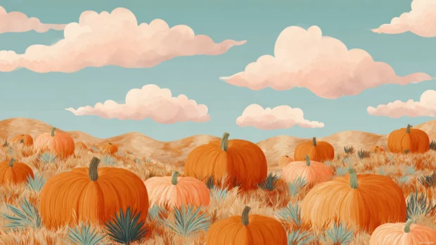 Pumpkin motif placed in repeating autumn fields with soft sky gradients and artistic detail.
