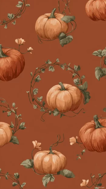 Pumpkin patch aesthetic wallpaper capturing small plump pumpkins and simple vine wreaths set in warm terracotta palette.