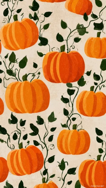 Pumpkin patch wallpaper illustrating rows of cute stylized pumpkins nestled among simple vines in a cheerful tile structure.