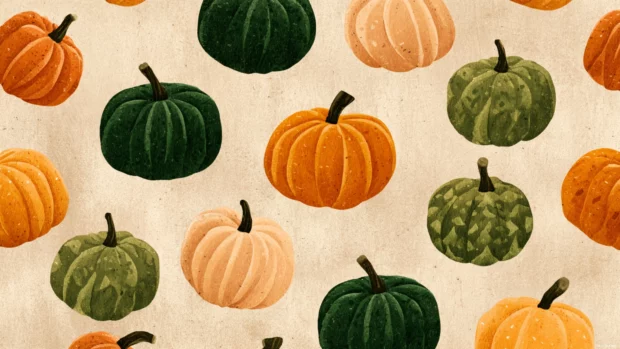Pumpkin pattern desktop wallpaper designed with cozy fall motifs and repeating gourds on a textured parchment background.