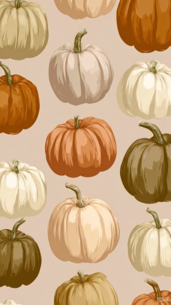 Pumpkin pattern in soft neutral tones arranged in a seamless aesthetic tile background (2).