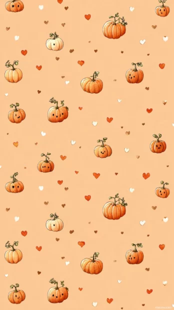 Pumpkin pattern wallpaper composed of tiny cheerful pumpkins and hearts scattered across muted peach field.