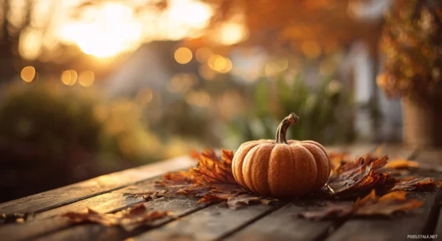Pumpkin resting on a wooden table surrounded by autumn leaves and soft golden light, warm cozy atmosphere.