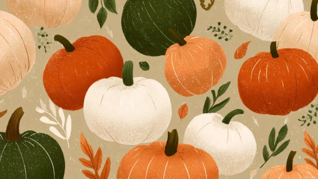 Pumpkin themed pattern spread across a wide canvas with cozy autumn colors and gentle textures.